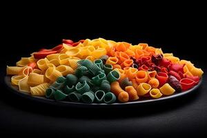 marvelous colorful pasta on a plate, black background, illustration, generative ai photo