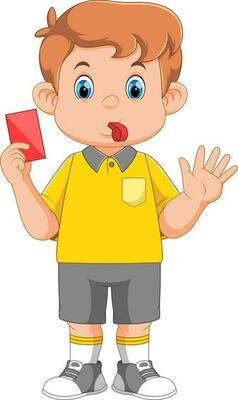 cartoon football referee with headset blowing whistle, holding red card