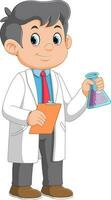 Cartoon boy scientist holding test tubes vector