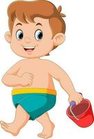 Cartoon little boy carrying red bucket vector