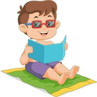 Cartoon little boy relaxing and reading map vector