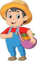 A smiling farmer man with a carrot in his bag vector