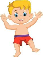 Cartoon happy little boy raising hands vector