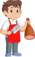 Young butcher cut the meat, butcher shop, cartoon character vector