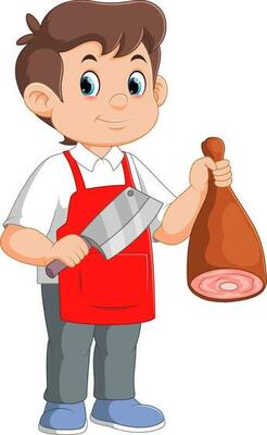 Young butcher cut the meat, butcher shop, cartoon character