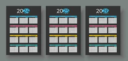 Calendar 2024, 2025, 2026 years. Vector. Week starts Sunday