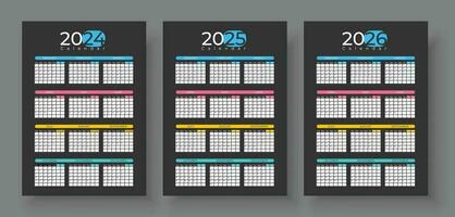 Calendar 2024, 2025, 2026 years. Vector. Week starts Sunday. Stationery template with 12 months vector