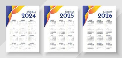sencillo calendario conjunto para 2024, 2025, 2026 años. sencillo editable vector calandrar. semana empieza domingo. pared calendario en un minimalista estilo