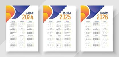 Calendar 2024, 2025, 2026 years. Vector. Week starts Sunday. Stationery template with 12 months. Calender layout vector