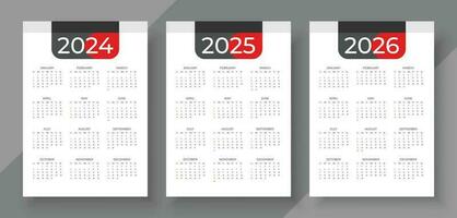 Calendar 2024, 2025, 2026. Simple vertical calendar design template. Week starts on Sunday vector