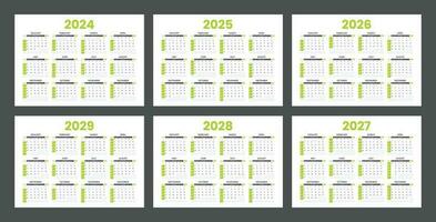 Set of calendars for 2024, 2025, 2026, 2027, 2028 and 2029. Minimalist style calendar. Week starts from Sunday vector