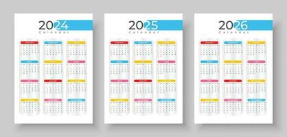 Calendar 2024, 2025, 2026. Simple vertical calendar design template. Week starts on Sunday. Color vector pocket calender design