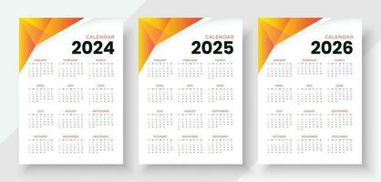 Calendar 2024, 2025, 2026. Simple vertical calendar design template. Week starts on Sunday vector