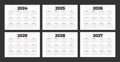 Set of annual calendar template for 2024, 2025, 2026, 2027, 2028 and 2029. Minimalist style calendar. Week starts from Sunday vector