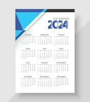 Wall Calendar 2024 Template Design. Print Ready One Page wall calendar template design for 2024. Week starts on Sunday vector