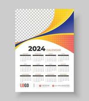 Wall Calendar 2024 Template Design. One Page Calendar. 12 Months Calendar. Week starts on Sunday vector