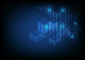 Perspective building with glowing lights. Digital or smart city illustration vector background