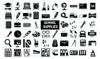 School supplies icon vector set. Back to school concept. Welcome back to school background. Learning and education concept. Flat vector in black isolated on white background.