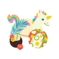 Beach set for summer trips. Cocktail coconut, inflatable circle unicorn. vector