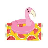 Beach set for summer trips. Towel, inflatable circle flamingo. vector