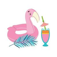 Beach set for summer trips. Cocktail,  palm leaves, inflatable circle flamingo. vector