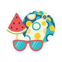 playa conjunto para verano excursiones. Gafas de sol, sandía hielo crema, inflable pelota. vector