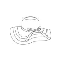 Beach hat with flowers on a ribbon. Beach set for summer trips. Vacation accessories for sea vacations. Line art. vector