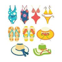 Beach set for summer trips. Hat, swimsuit, slippers, flip-flops. vector