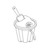 A bucket with sand, a shovel and a shell. Beach set for summer trips. Vacation accessories for sea vacations. Line art. vector