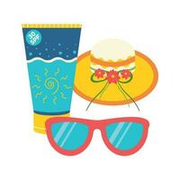 Beach set for summer trips. Sun cream, hat, sunglasses. vector