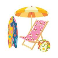 Beach set for summer trips. Umbrella, chair, sunbed, inflatable ball, surfboard. vector