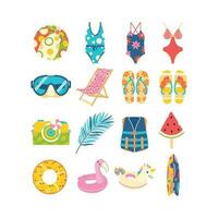 Beach set for summer trips. Swimsuit, flip-flops, camera, inflatable circle, flamingo, unicorn, surfboard. vector