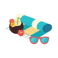 Beach set for summer trips. Sunglasses, cocktail coconut, towel. vector