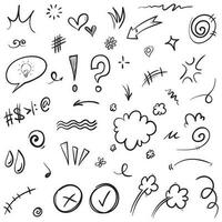 Vector set of hand-drawn cartoony expression sign doodle, curve directional arrows, emoticon effects design elements, cartoon character emotion symbols, cute decorative brush stroke lines.