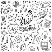 Back to school doodle seamless pattern. Hand drawn background with school supplies and creative elements. Vector illustration.