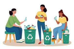 personas son clasificación botellas, cartulina papel, y otro, residuos clasificación dentro reciclaje papeleras, salvar el tierra, plano estilo dibujos animados vector
