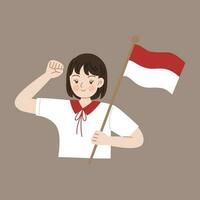 Indonesia independence day cartoon character holding flag vector