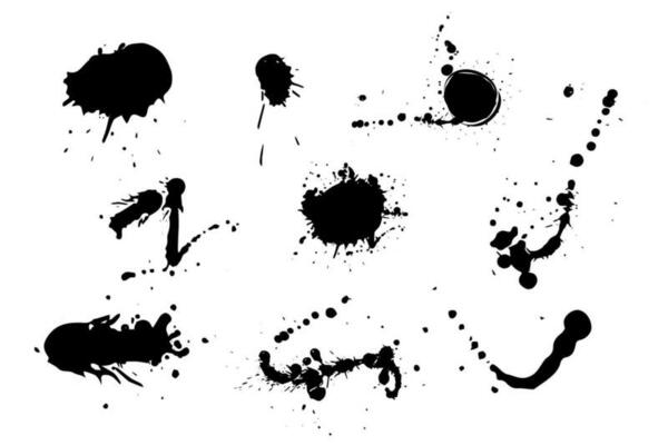 Ink Splash stain shape, brush abstract spatter isolated creative set. Frame, design element, print. Vector illustration