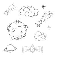 Set planets space elements, stars, meteorite in doodle style. Galaxy icons, simple design. Vector illustration