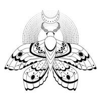 Magic mystic moth in doodle style, line art isolated, boho celestial esoteric symbol, tatoo or print. Vector illustration