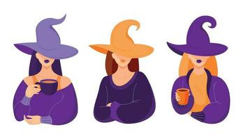 Collection vector colorful images for halloween with three girls, witches in a warm, cozy sweaters. Orange and purple colors. Illustrations for holiday decoration, greeting card, stickers, notebooks