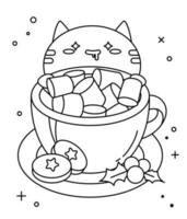 Vector no color simple illustration for coloring book. With a cute happy cat and cup with marshmallow. Ginger cookies and berries. Xmas mood. Isolated on a white background