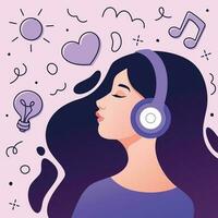 A girl listening to music with headphones. Minimalist portrait of smiling relaxed young woman. Cartoon vector illustration for podcasts,  meditation, poster, banner, cover. Simple trendy flat style