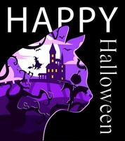 An invitation to the Halloween party. Vector illustration in the silhouette style. The shape of a cat's head. A spooky hooked tree, a scarecrow, a high dark castle and a witch with a cat. Purple color