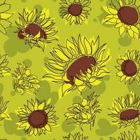 girasol vector modelo en verde fondo.sin costuras modelo con girasol y margarita flor. mano dibujado floral impresión para textil, envase papel, fondo de pantalla, saludo tarjeta.