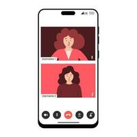 Videocall mobile interface, video call device screen with two women. Video call mockup for telephone application with call buttons vector