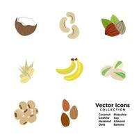 Set of Healthy fruit and nuts Vector Icons isolated on white background. Coconut, cashew, hazelnut, oats, pistachio, soy, almond, banana. Sources of healthy dairy-free milk sources. EPS 10.