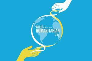 World Humanitarian Day Artwork on blue background. White and yellow ribbons intertwining to form the earth and reaching to two hands. Vector Illustration. EPS 10.