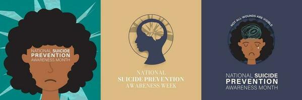 conjunto de nacional suicidio prevención conciencia mes saludo tarjetas y resumen obra de arte, humano garabatear. editable vector ilustración. eps 10