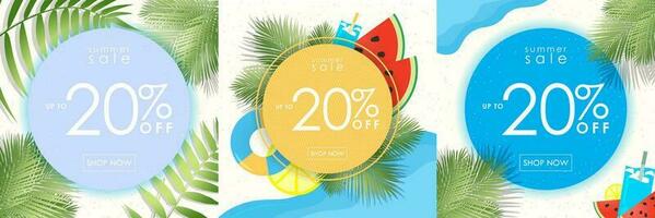 Set of colorful Summer Sale with Up to 20 off and Shop Now CTA on beach beach background with tropical elements. For social media, print, digital, templates, layout. Vector Illustration. EPS 10.